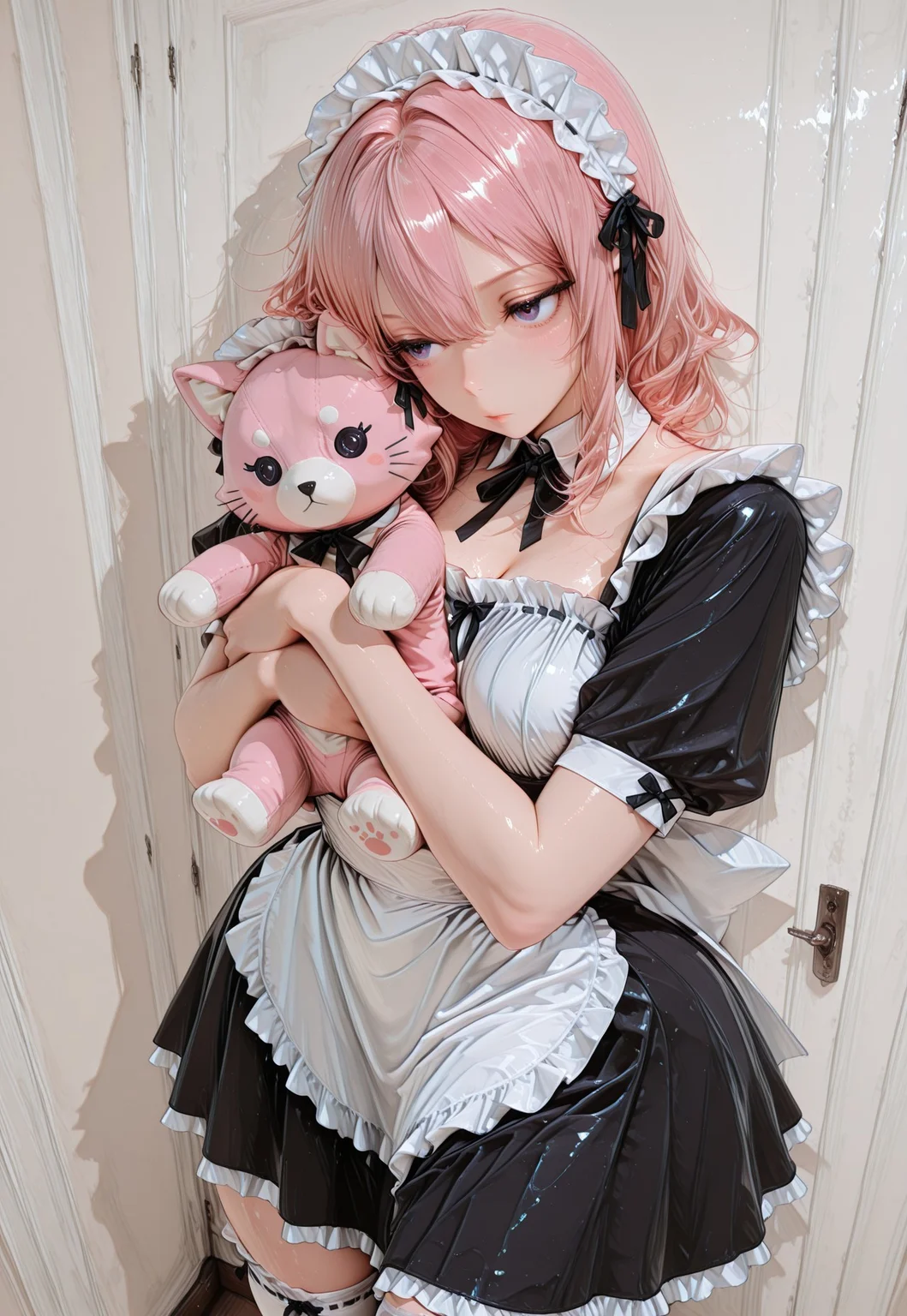 masterpiece, best quality, newest, absurdres, highres, female, CivChan, purple eyes, pink hair, (maid uniform:1.5), thighhighs, white, holding a cat plushie,