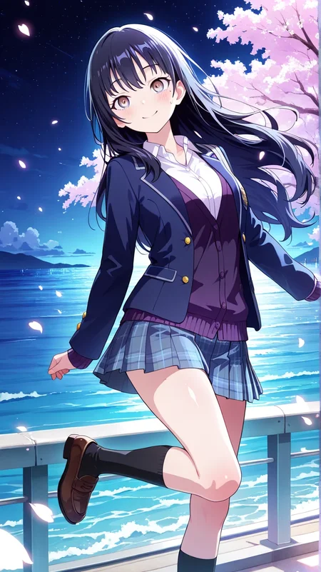 masterpiece, 1girl, solo, scenery, (detailed eyes), (high definition eyes), (high gradient eyes), (eyesHD), (best quality:1.4), (amazing quality:1.3), very aesthetic, (blush), shiny skin, ambience, Shiny Eyes, Shiny Skin Thighs, hips swaying, BREAK, (Yamada_Anna), black hair, brown eyes, long hair, sidelocks, anime coloring, skin_clean, shiny_skin, night, midnight, looking at the sea, BREAK, cherry blossoms background, leaning back, leaning to the side, smile, very long hair, free pose, delicate skin texture, fair skin, delicate face, pastels, bright tones, wind, light particles, light, bright tones, motion lines, extremely detailed, intricate, delicate details, movie lighting, very beautiful, absurd, dynamic graphics, dynamic angles, special movements, dynamic poses, action poses, dynamic movements, (Illustration: 1.2), (8K Wallpaper), (Beautiful, pretty eyes: 1.2), Delicate eyes, beautiful, soft colors, clear line, project sekai, soft, pastel, colorful, BREAK, school uniform, blue skirt, long_sleeve, blazer, open blazer, close blazer, white shirt, pleated skirt, collared shirt, sweatdrop, pocket, blue jacket, cardigan, purple cardigan, black socks, loafers, brown footwear