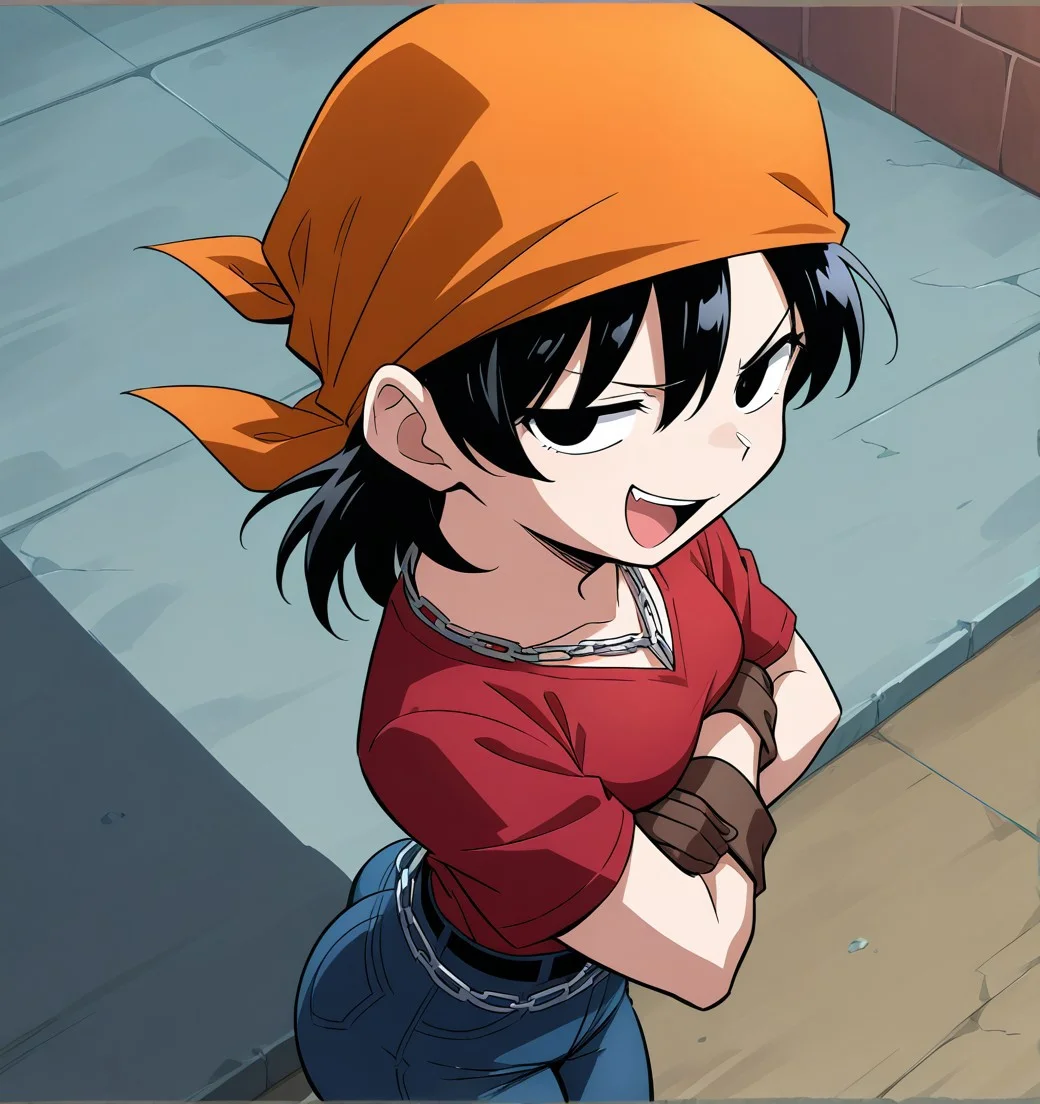 (<The-killer-wc_artist>) short black hair, black eyes, smug smile, open mouth, orange bandana, teeth, red shirt, gloves,tight jean pants, belt, chain, hands on hips, medium_breasts, small ass, side view, arms crossed,