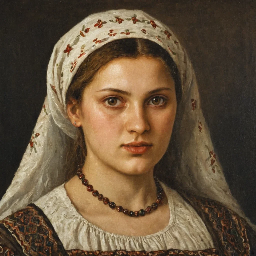 Painting of detailed realistic Slavic woman folk art woman style portrait AH_Titian <lora:Paintings_by_Titian_-_Venetian_Renaissance:1>