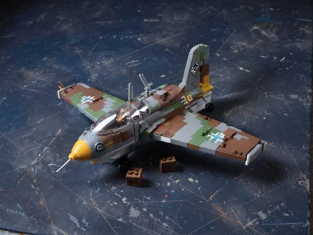 <lora:Me-163-Pony:0.9> me_163 aircraft, score_9,LEGO model, detailed brick construction, camouflage color scheme, custom minifigure, realistic design, aviation enthusiast display, intricate assembly, hobby project, creative build