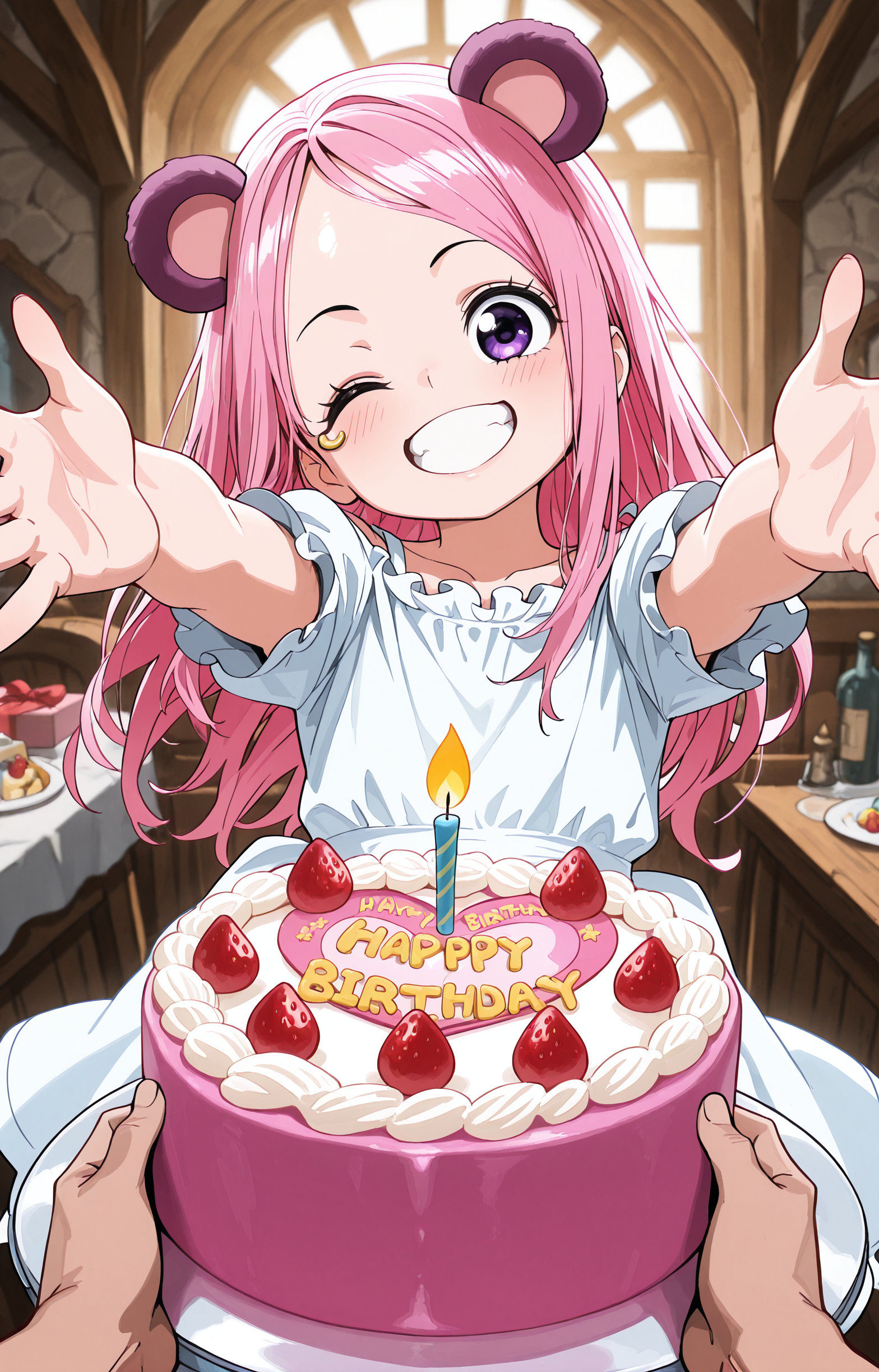 uncensored,amazing quality,masterpiece,best quality,newest,highres,absurdres,
BREAK
<lora:kanon648:0.85>,kanon648,
BREAK
bonneyillustrious,long hair,purple eyes,pink hair,eyelid piercing,
aged down,<lora:bonneyIllustrious>,white dress,happy,happy_birthday,cake,candle,gifts,birthday party,birthday party,;d,grin,head_tilt,open arms,
BREAK
bear ears,
broken church,log_cabin,