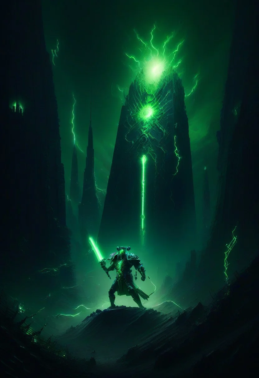 green sun, electricity, green glow, green theme, Necron, evil overlord fights a man with laser sword, chaos,
