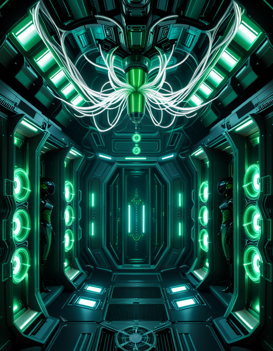 A dark, oppressive regeneration chamber deep within a Borg vessel â a biomechanical environment where drones return to recharge and interface with the collective. The chamber is dimly lit with pulsating green and white lights that flicker through dense shadows. The walls are lined with vertical alcoves, each containing a Borg drone standing motionless, plugged into the system via biomechanical tendrils, tubes, and neural interfaces embedded into their bodies.
The surfaces of the room are a fusion of metallic plating, organic texture, and cybernetic growths â as if the ship itself is alive, constantly shifting and adapting. Steam hisses softly from vents near the floor, and faint mechanical whirring echoes through the chamber. Fiber optic cables pulse with data transmissions, running across the ceiling like glowing veins. 
Above, a central neural conduit hangs like a mechanical spine from the ceiling, branching out and connecting to each alcove, feeding the collective hive mind with real-time information. The atmosphere is cold, sterile, and unnervingly silent â a place devoid of individuality, where only the will of the collective exists. There is no comfort here, only efficiency, order, and total control. 
<lora:SDXLFaeTastic2400:0.4> <lora:extremely_detailed:0.4> extremely detailed,<lora:borg_recharge_ch4mb3r:1>,borg recharge ch4mb3r, Masterpiece,best quality,hi res,8k,hi res,8k,award winning,(sharp focus, intricate, highly detailed),
