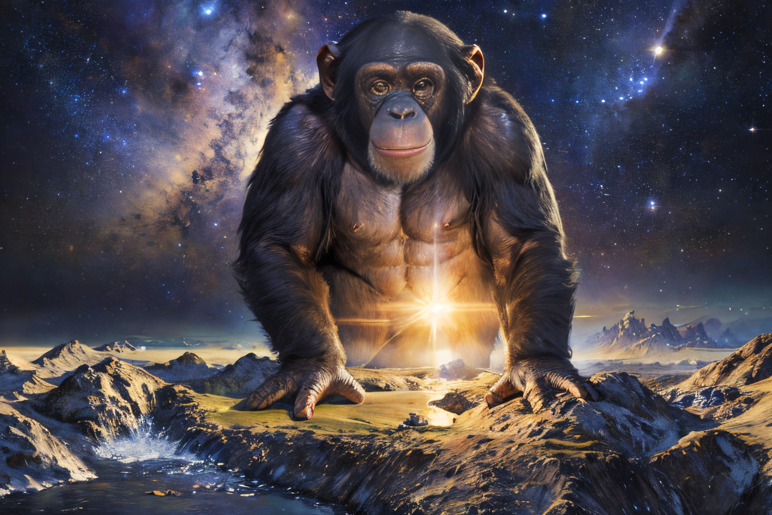space landscape (masterpiece, best quality:1.2), ultra-detailed, EdobChimpanzee chimpanzee, (realistic:1.5), <lora:EdobChimpanzee_v1.0:0.7>  <lora:SyFyEye1_v1.0:0.7>