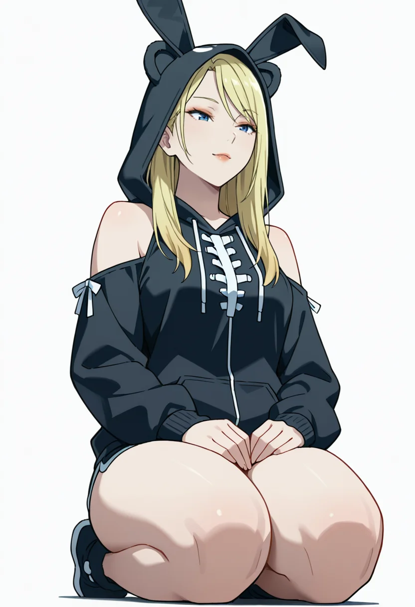 Smooth Quality,masterpiece,very intricate, high quality details, ultra realistic, high detailed skin,detailed enviorement,absurdres,
 <lora:Moonbeams_Manager_CNR:0.7> moonbear_cnr, 1girl,blonde hair, long hair, blue eyes,rabbit ears, fake animal ears, bare shoulders, makeup, lipstick,, simple background, white background, from below,solo,
kneeling on floor, thighs together, hands resting on lap, spine straight  ,, \(^o^)/,, unitard,  ,hoodie, ,hot pants, ,
