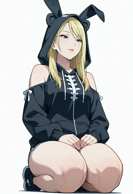 Smooth Quality,masterpiece,very intricate, high quality details, ultra realistic, high detailed skin,detailed enviorement,absurdres,
 <lora:Moonbeams_Manager_CNR:0.7> moonbear_cnr, 1girl,blonde hair, long hair, blue eyes,rabbit ears, fake animal ears, bare shoulders, makeup, lipstick,, simple background, white background, from below,solo,
kneeling on floor, thighs together, hands resting on lap, spine straight  ,, \(^o^)/,, unitard,  ,hoodie, ,hot pants, ,