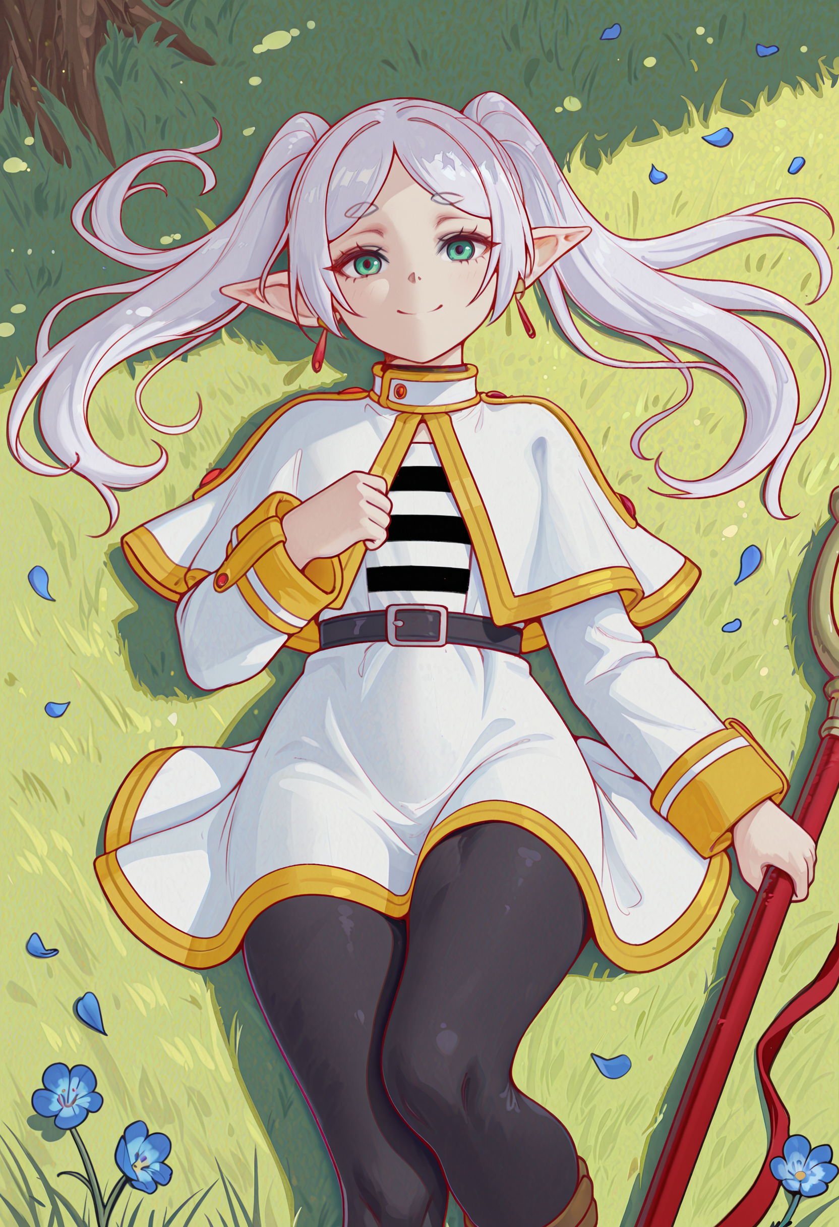Smooth Quality, perfect quality, best quality, masterpiece, absolutely eye-catching, detailed , shading, MelowhST, 1girl, dramatic lighting, BREAK (cute smile:1.2), (on back:1.2), looking at viewer, (frieren:1.2), pointy ears, silver hair, twintails, white capelet, long sleeves, dress, belt, black pantyhose, brown thigh boots, petals, grasslands, (holding blue flower:1.2), <lora:Melowh_ST:1>, (from above:1.2),