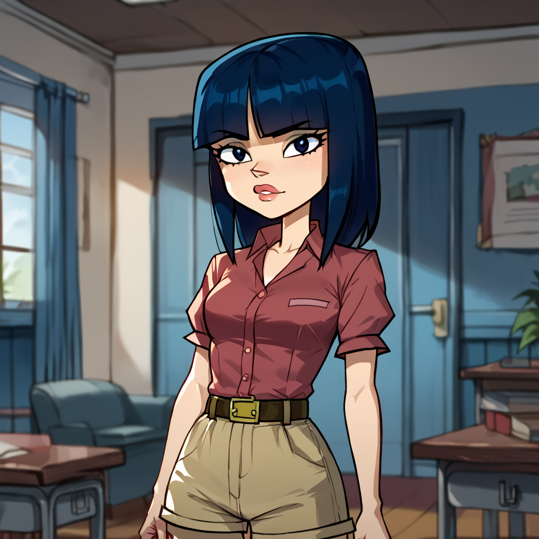 score_9, score_8_up, score_7_up, score_6_up, score_5_up, score_4_up, BREAK,<lora:Debbie_Kang:0.7>, debbie kang, belt, collared shirt, indoors, looking at viewer, shorts, dark blue hair, bangs, blunt bangs, lips <lora:RealisticAnime:0.6> <lora:Floox2:0.6>