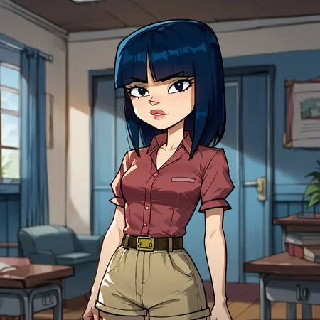 score_9, score_8_up, score_7_up, score_6_up, score_5_up, score_4_up, BREAK,<lora:Debbie_Kang:0.7>, debbie kang, belt, collared shirt, indoors, looking at viewer, shorts, dark blue hair, bangs, blunt bangs, lips <lora:RealisticAnime:0.6> <lora:Floox2:0.6>