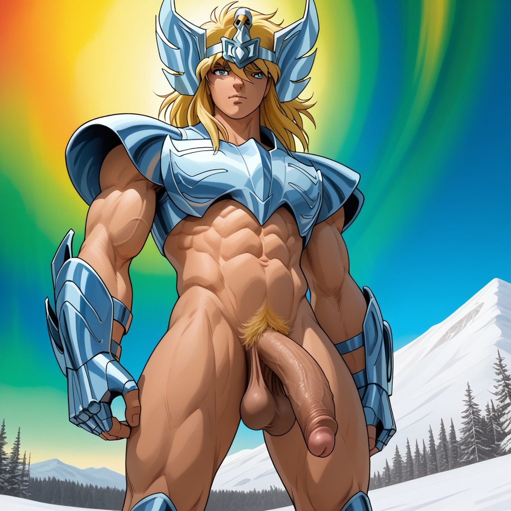 score_9, score_8_up, score_7_up, 1boy, solo, Cygnus_Hyoga, Cygnus helmet, armored  boots, 1boy, blonde hair, long hair, blue eyes, bangs, light skin, handsome boy, fit body, sexy, nude, naked, muscular, pecs, biceps, v-shape, abs, fitness model, abs, strong legs, homoerotic, towering over viewer, blonde pubic hair, penis exposed, long penis, flaccid, saggy balls, dynamic angle, low angle view, hd render, snow, ice, north pole, outdoors, aurora sky, hyper realistic, high quality, hd render, retro artstyle, 1990s_(style), 1980s_(style)