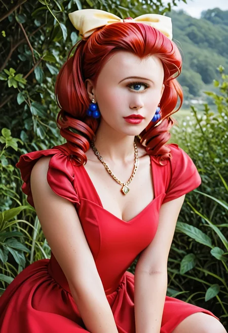 score_9, score_8_up, score_7_up, score_6_up, <lora:PMJessebelle_epoch_7:0.8>, PMJessebelle, blue eyes, red hair, drill hair, yellow bow, hair bow, earrings, lipstick, pink lips,
pearl necklace, red dress, shoulder pads,
leaning forward, serious, looking at viewer, facing viewer, hand on own knee, cowboy shot,
BREAK day, sunlight, outdoors,
gorgeous lips, cinematic, (masterpiece), (best quality), (ultra-detailed), very aesthetic, illustration, perfect composition, intricate details, absurdres, (realistic, ultrarealistic, masterpiece, intricate:1.3), (best quality, hires textures, high detail:1.2), (4k), (incredibly detailed:1.4), (masterpiece, best quality:1.2), cyclopsgirl, thinmonobrow, masterpiece,best quality,
