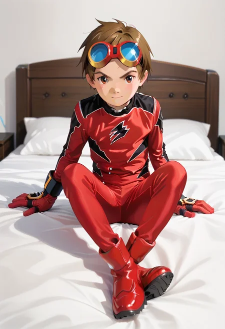score_9, score_8_up, score_7_up, zPDXL2,
1boy, solo, goggles on head, brown hair,
,sitting on bed,
geki red, red bodysuit, black markings, red gloves, red boots,