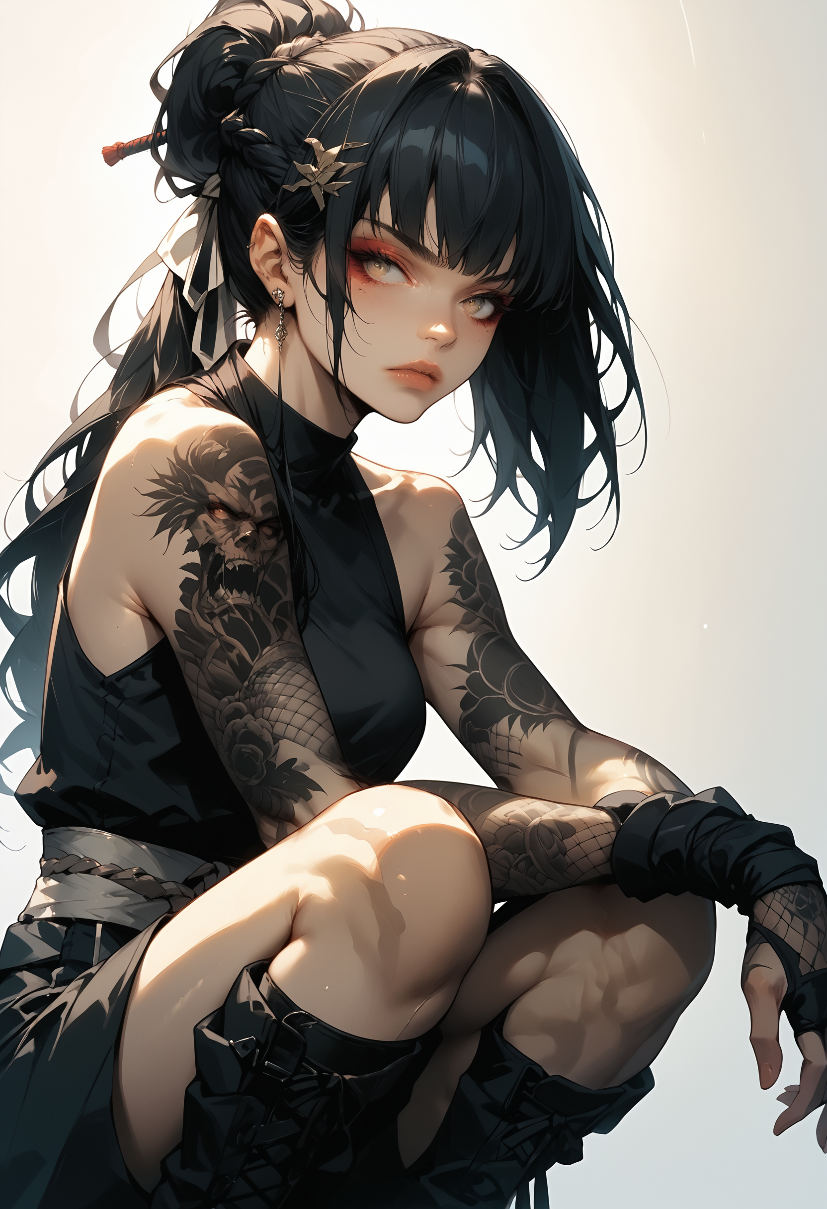 score_9, score_8_up, score_7_up, score_6_up, score_5_up, score_4_up, (masterpiece, best quality, high quality, highres, ultra-detailed), source_anime, 1girl, solo, ninja, halter top, fishnet sleeves, black hair, long hair, braid, hair ornament, squatting, arms on knees, dynamic pose, dutch angle, soft focus, <lora:Sinozick_Style_XL_Pony:0.8> sinozick style, flat color, dark theme, <lora:jym-r4t:0.9> <lora:t4tsXLP:0.8> t4ts, tattoos, tattoo,