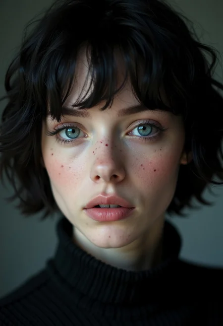 Realistic cinematic photo, Beautiful girl 22 years old, pretty face, short black hair, white skin, light eyes, beautiful full lips, soft freckles, dark makeup, aesthetic black clothes.