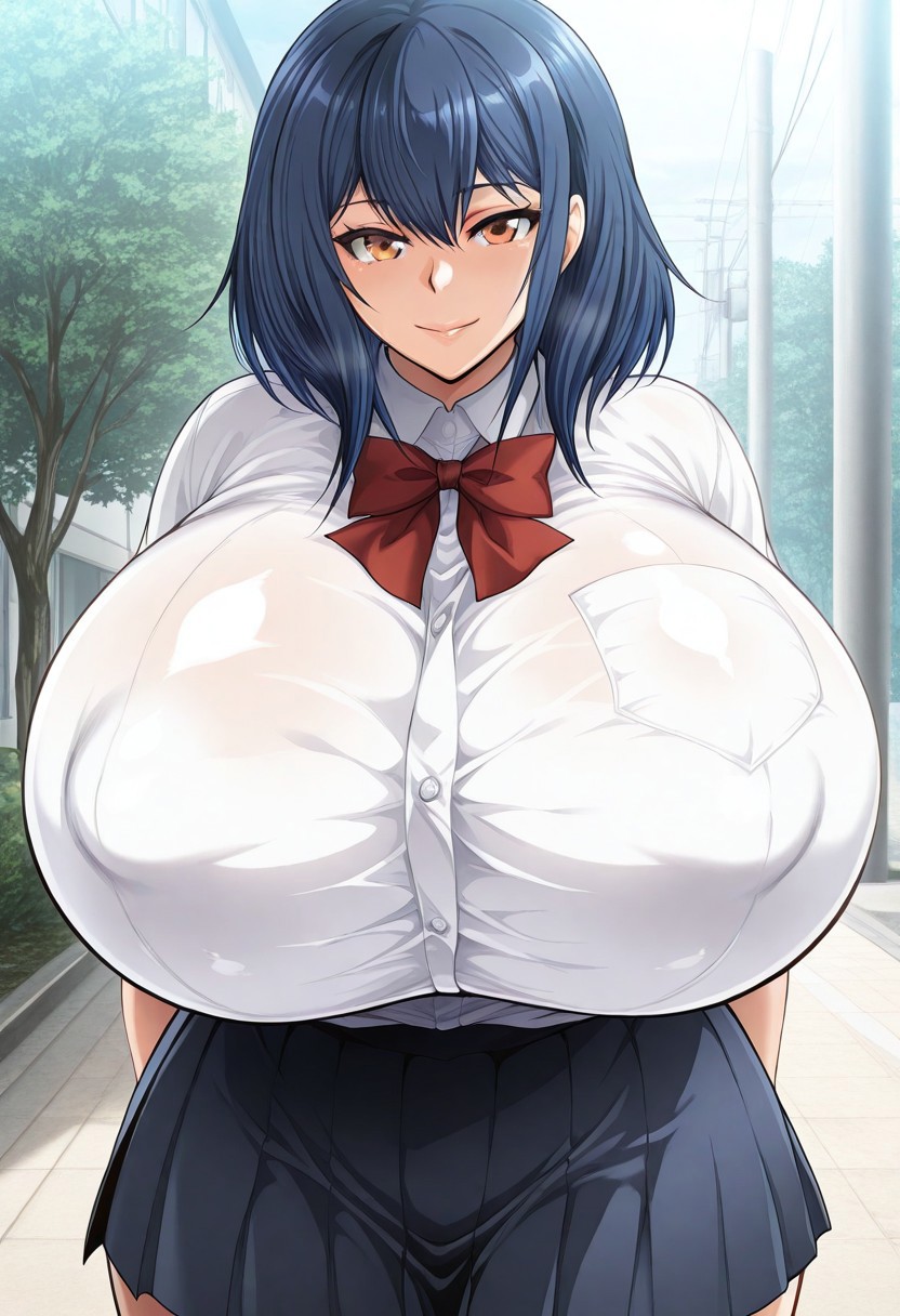 very_aesthetic, best_quality ,high_resolusion, 8K,crisp quality, ultra detailed,perfect_eyes,
anime screencap, Erotic_style, EasyNegativeV2,
straight-on, smile,outdoor,cowboy shot,
Onozaka,gigantic breasts, navy blue_hair, amber eyes, short hair, 
standing, straight-on, looking at viewer, cowboy shot, school uniform,