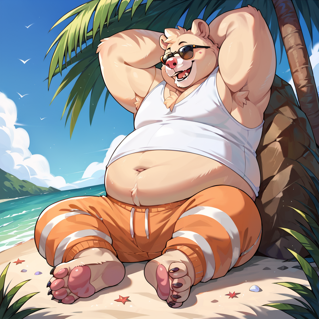 score_9, score_8_up, score_7_up, score_6_up, score_5_up, score_4_up, source_cartoon, pile, bear, beige fur, pink nose, tank top, orange pants, chubby, fat, <lora:Pile_Breeze_in_the_Clouds_PonyXL:1> outside, beach background, beach scenery, water, relaxing, laying down, looking at viewer, sunglasses, barefoot,