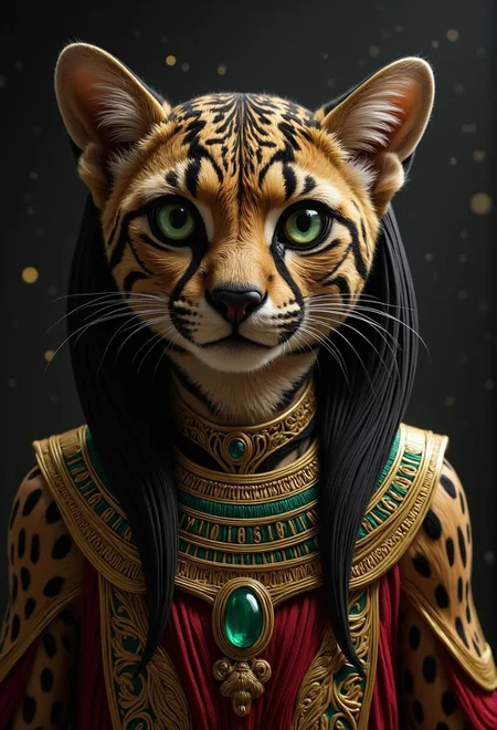<lora:flux-licoricestyle.safetensors:1> made out of Licorice, A fantastical creature with striped, animal-like features, blending the familiar with the exotic.
In this captivating digital artwork by @mochadawson, a regal anthropomorphic cheetah dons majestic Egyptian attire, replete with golden accents and emerald collar. Set against a swirling cosmic backdrop, the creature exudes mystique and ancient power, its piercing green eyes seeming to hold secrets of forgotten civilizations.