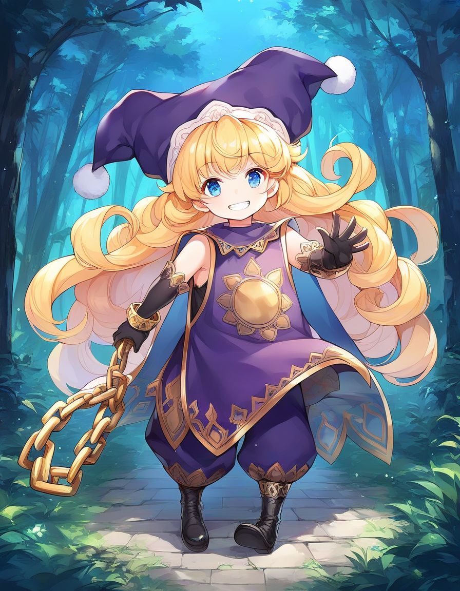 score_9, score_8_up, score_7_up, source_anime, rating_explicit, BREAK  <lora:Charlotte_seiken_densetsu3_XL:1>
Charlotte_seiken, 1girl, solo, long hair, smile, gloves, blonde hair, elbow gloves, weapon, hat, holding, black gloves, full body, forest, night, chain,
grin, standing, holding weapon, looking at viewer, jewelry, bracelet, cape, pointy footwear, jester cap, dress, blue eyes, very long hair, black footwear, sleeveless, bangs, purple headwear, shoes, curly hair,
