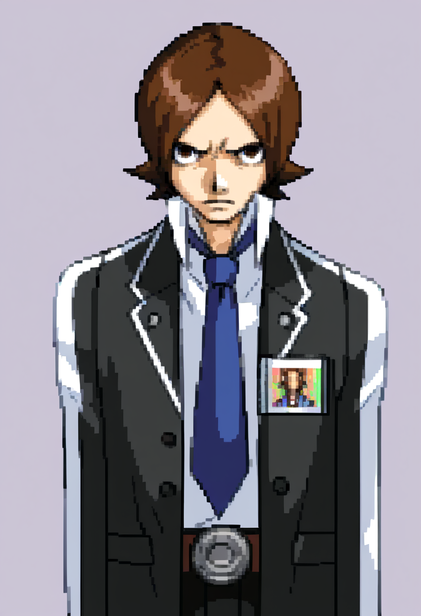 score_9, score_8_up, score_7_up, source_anime, BREAK, solo, 1boy, looking at viewer, <lora:Ace-Attorney-Portraits-pdxl_Fp:1>, portrait, pixel art, simple background, upper body, <lora:Tatsuya-pdxl_Fp:1>, tatsuyais, brown hair, brown eyes, short hair, school uniform, collared shirt, blue necktie, black jacket, black pants, belt,