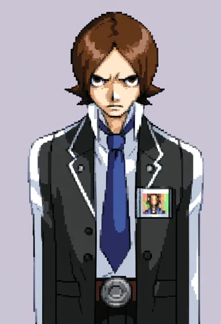 score_9, score_8_up, score_7_up, source_anime, BREAK, solo, 1boy, looking at viewer, <lora:Ace-Attorney-Portraits-pdxl_Fp:1>, portrait, pixel art, simple background, upper body, <lora:Tatsuya-pdxl_Fp:1>, tatsuyais, brown hair, brown eyes, short hair, school uniform, collared shirt, blue necktie, black jacket, black pants, belt,