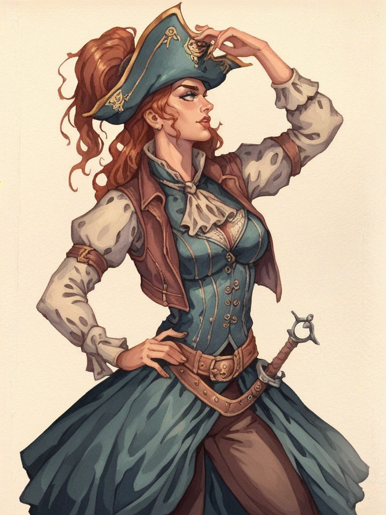 score_9, score_8_up, score_7_up, oblivionarts, 1girl, female, fit, swashbuckler, pirate hat, blouse, leather vest, juliet sleeves, rapier sword,  <lora:Oblivion:1>