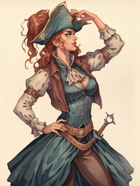score_9, score_8_up, score_7_up, oblivionarts, 1girl, female, fit, swashbuckler, pirate hat, blouse, leather vest, juliet sleeves, rapier sword, <lora:Oblivion:1>