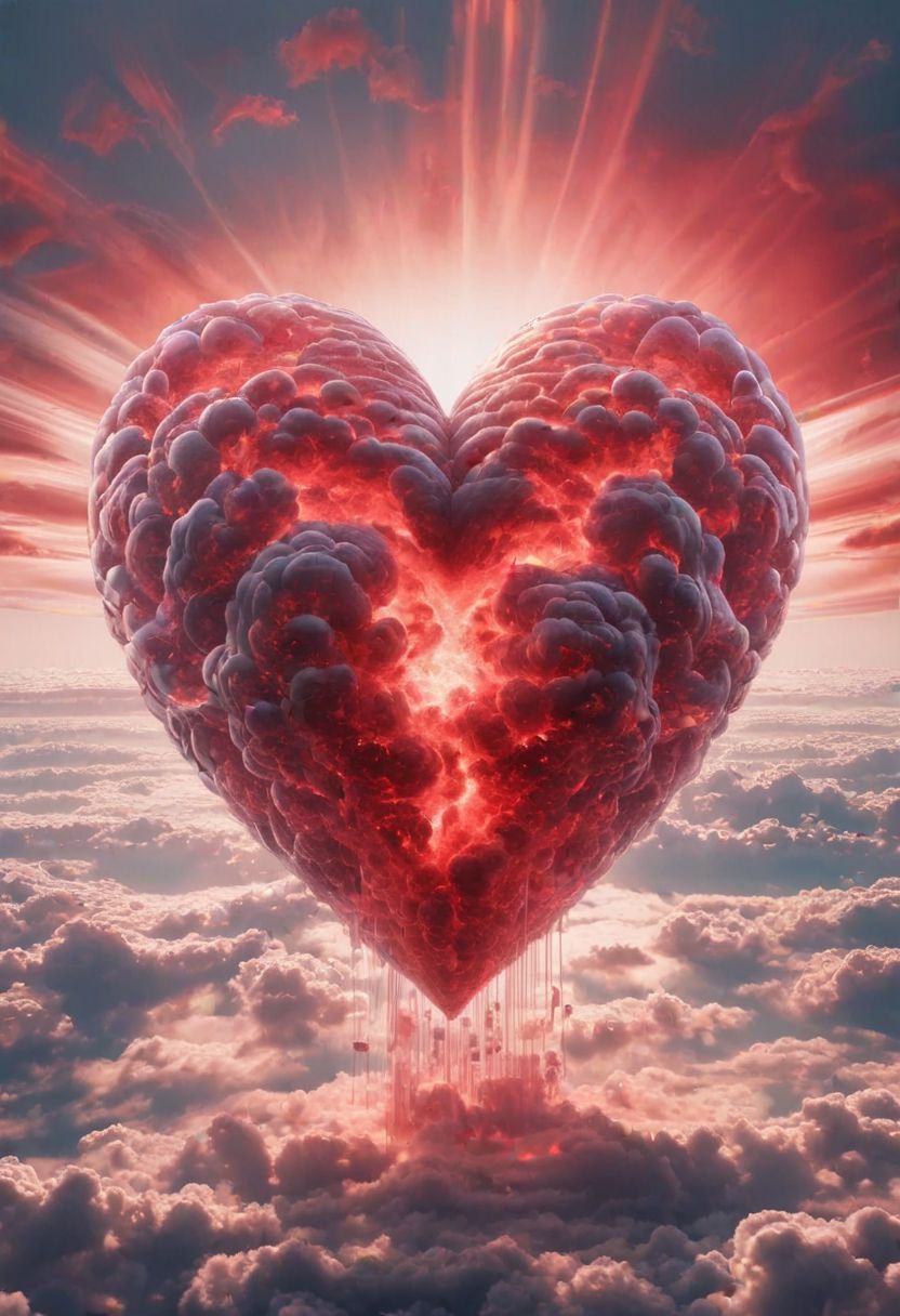 A big puffy heart after a nuclear explosion, atomic cloud, surrounded by heart-shaped clouds, intricate details, dvr-trd
