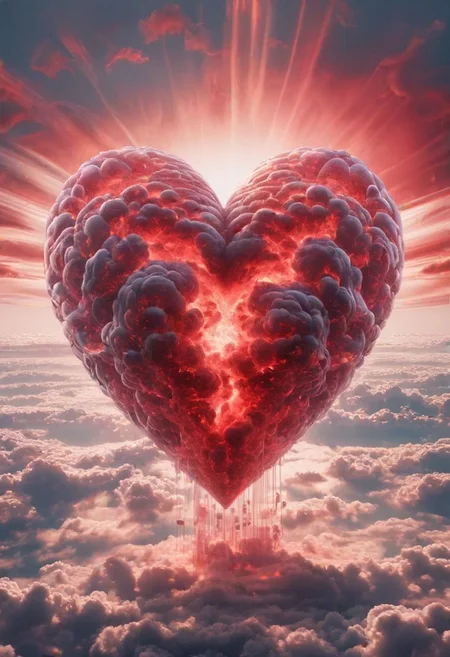 A big puffy heart after a nuclear explosion, atomic cloud, surrounded by heart-shaped clouds, intricate details, dvr-trd