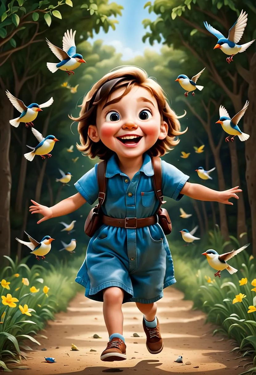 masterpiece, solo focus award winning portrait of a small birds flying around a happy kid