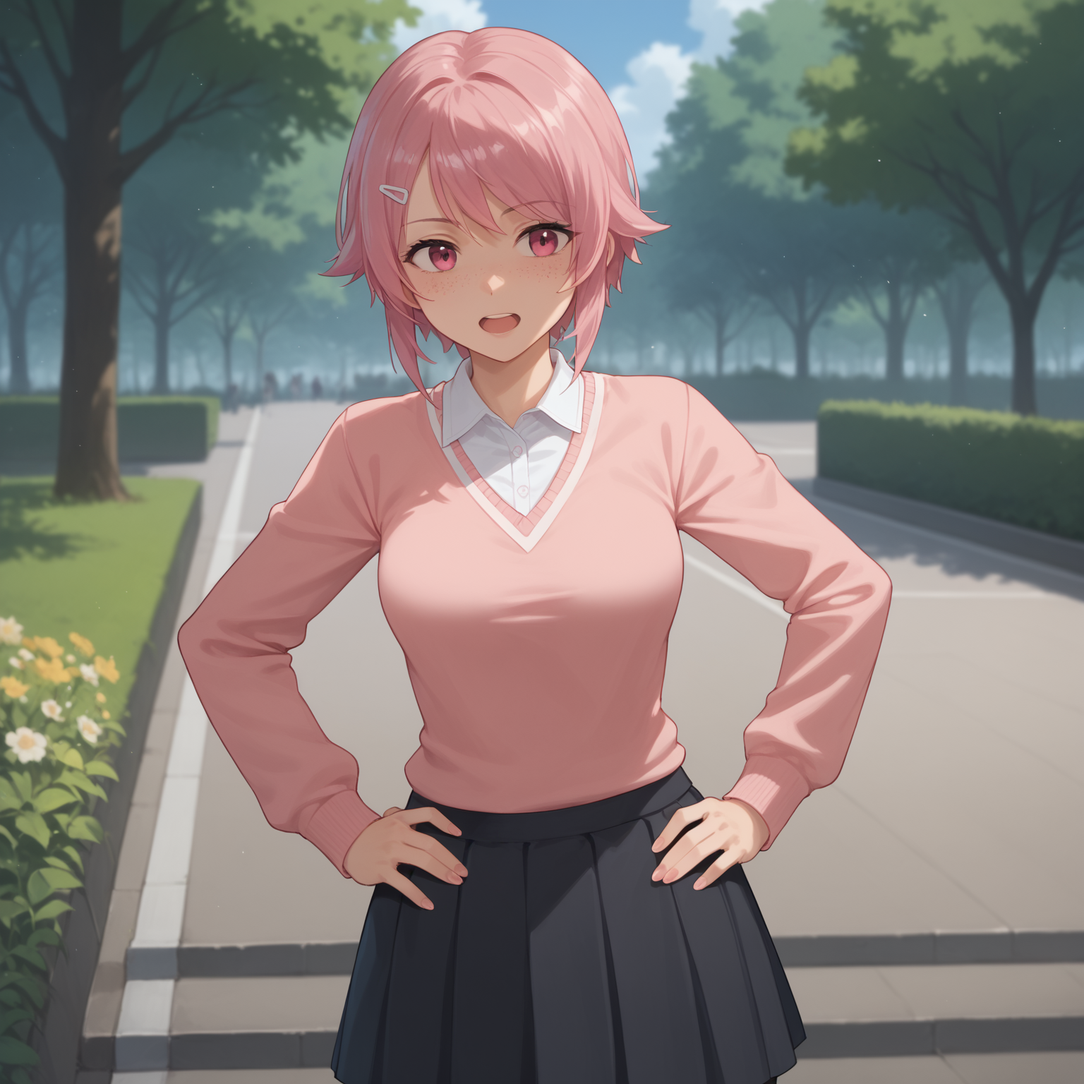 score_9, score_8_up, score_7_up, score_6_up, source anime, 1girl, solo, <lora:Lisbeth-Rika Shinozaki - Sword Art Online-000005:1>, solo, LisShino, short hair, freckles, pink hair, hair ornament, medium breasts, pink sweater, white shirt, black skirt, black thighhighs, zettai ryouiki, outdoors, park, hands on own hips, open mouth,