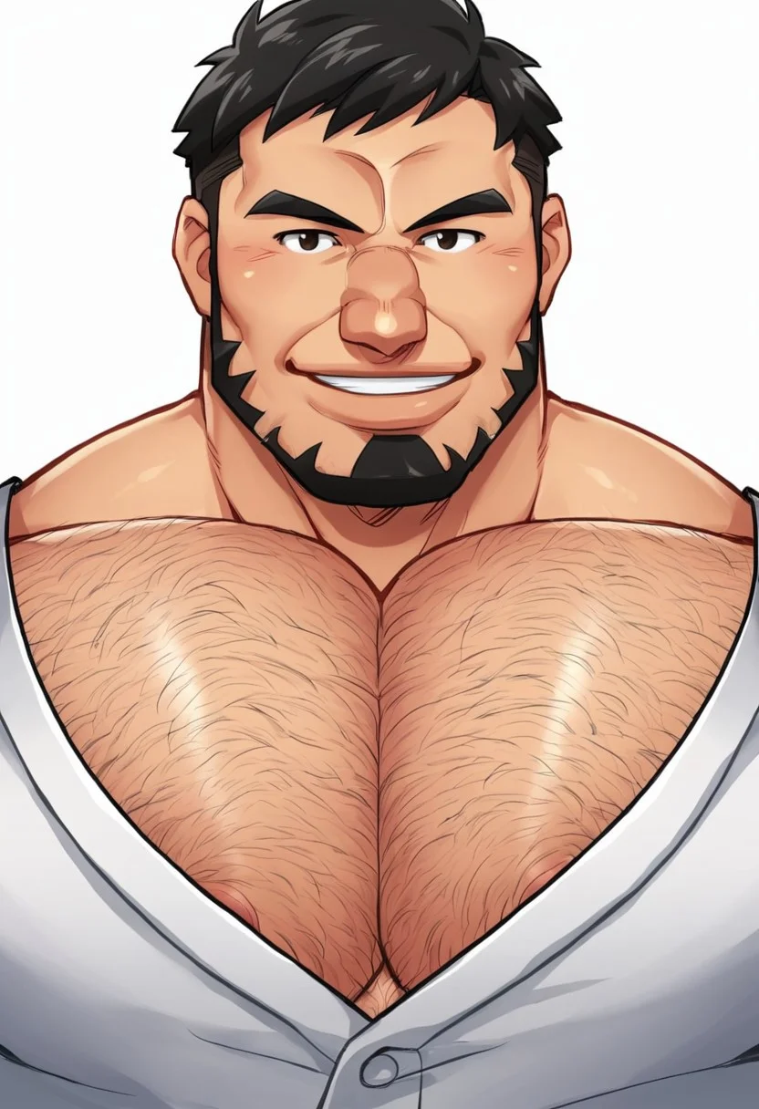 growgl, looking at viewer, smile, short hair, simple background, white background, upper body, big pecs, hairy pecs, facial hair, new char, handsome, daddies, male focus, male, male muscle, bara