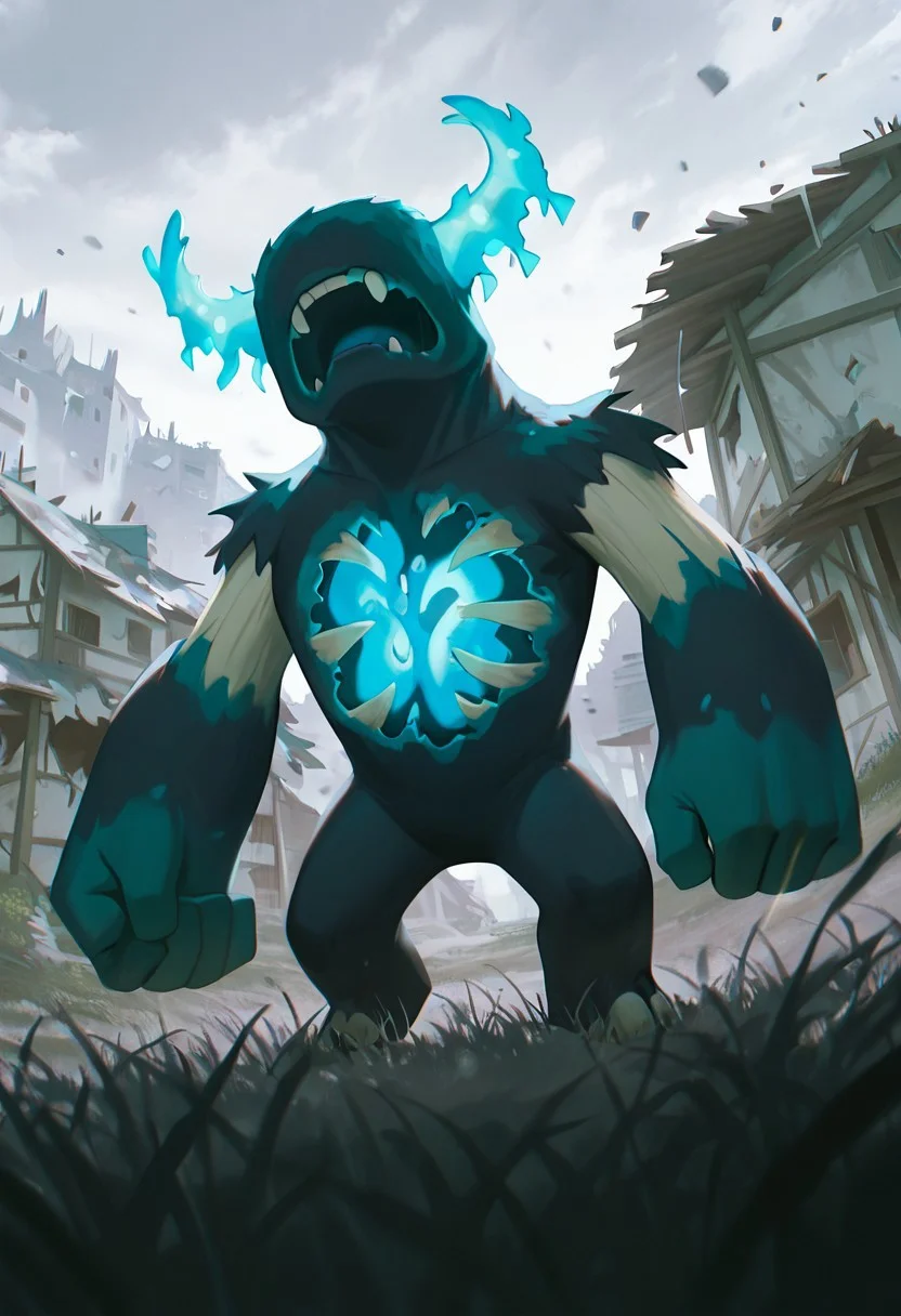 masterpiece, best quality, amazing quality, very aesthetic, absurdres, newest, detailed background, foreground blur, volumetric lighting, sharp, 4k, hd,
warden, glowing horns, standing, solo, monster, open mouth, creature, teeth, no eyes, pokemon (creature), ribs, colored skin, ((wide head, big head,)),, no teeth, no humans, big arms, no hands, no wrists, wide body, short legs, no teeth,
, dynamic angle, daytime, destroyed village, wooden houses, grass, grey sky, bright colors, broken houses, attacking pose,