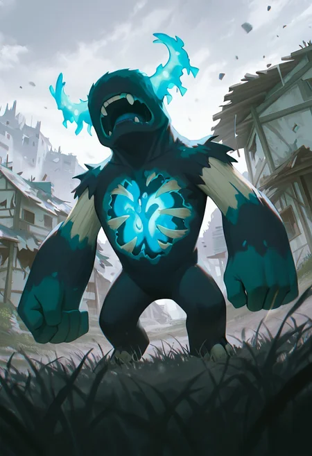 masterpiece, best quality, amazing quality, very aesthetic, absurdres, newest, detailed background, foreground blur, volumetric lighting, sharp, 4k, hd, 
warden, glowing horns, standing, solo, monster, open mouth, creature, teeth, no eyes, pokemon (creature), ribs, colored skin, ((wide head, big head,)),, no teeth, no humans, big arms,  no hands, no wrists, wide body, short legs, no teeth, 
, dynamic angle, daytime, destroyed village, wooden houses, grass, grey sky, bright colors, broken houses, attacking pose,