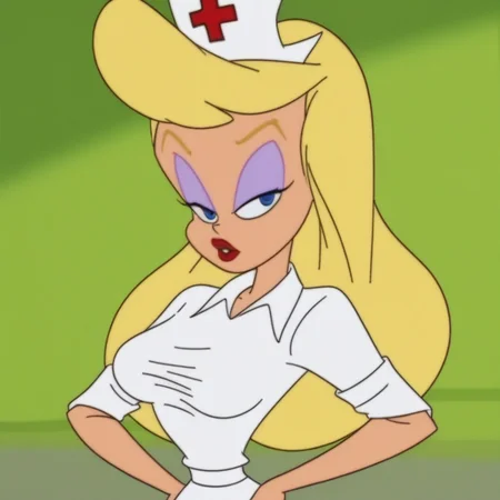 white Mary Janes shoes, Heloise Nerz, purple eyeshadow, long blonde hair, blue eyes, rolled up sleeves, low eyes, thick red lips, exposed legs, white nurse's cap, white skirt, bangs, white collar shirt, 1girl