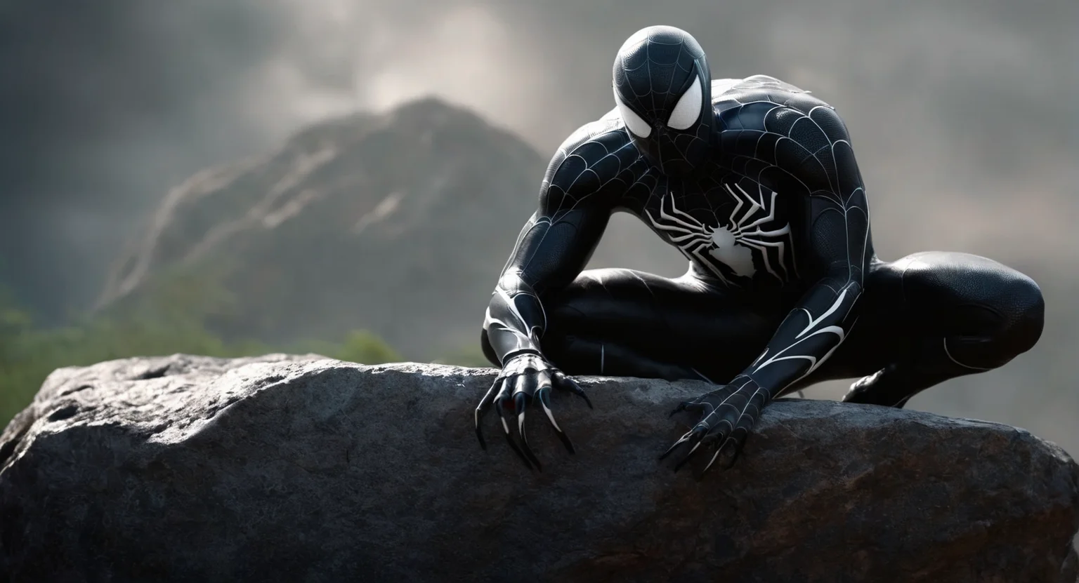 Dark Fantasy Art of (Cinematic Film stock footage style) in (arri alexa style) (Kodak film print style),
<lora:Hyperrealism-000003:1>
a spider - man venom is sitting on a rock Hyperrealism Style, dark, moody, dark fantasy style