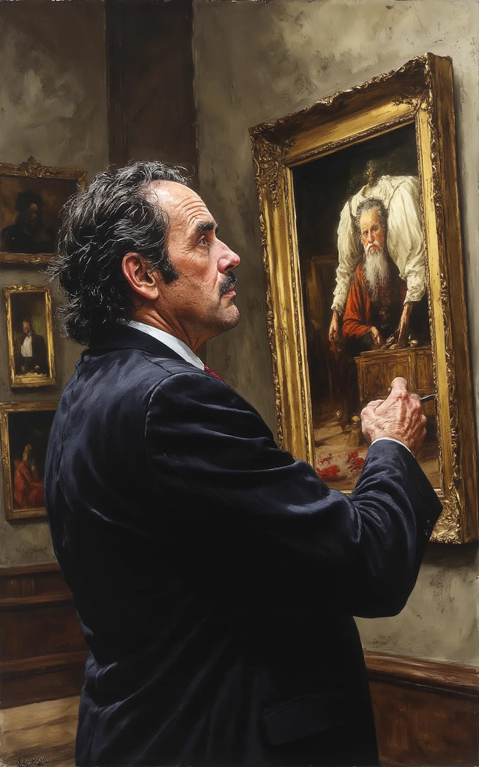 YFG-Th3Dud3 an urbane 57-year-old art critic, neatly trimmed goatee, analyzing paintings in a chic city gallery