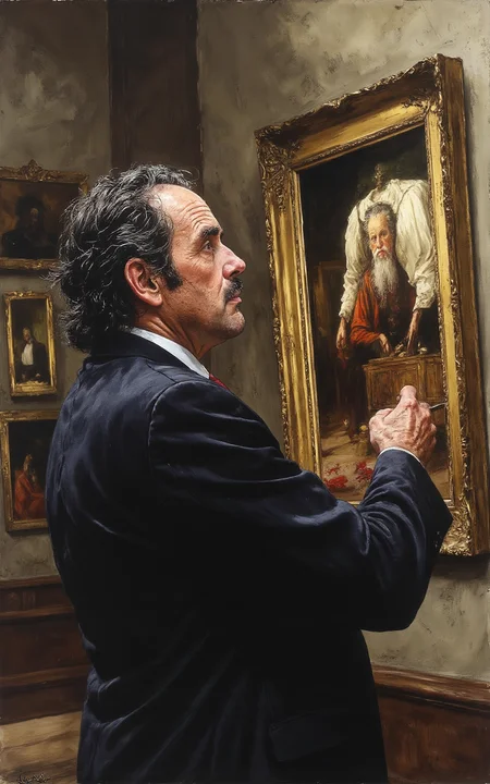 YFG-Th3Dud3 an urbane 57-year-old art critic, neatly trimmed goatee, analyzing paintings in a chic city gallery