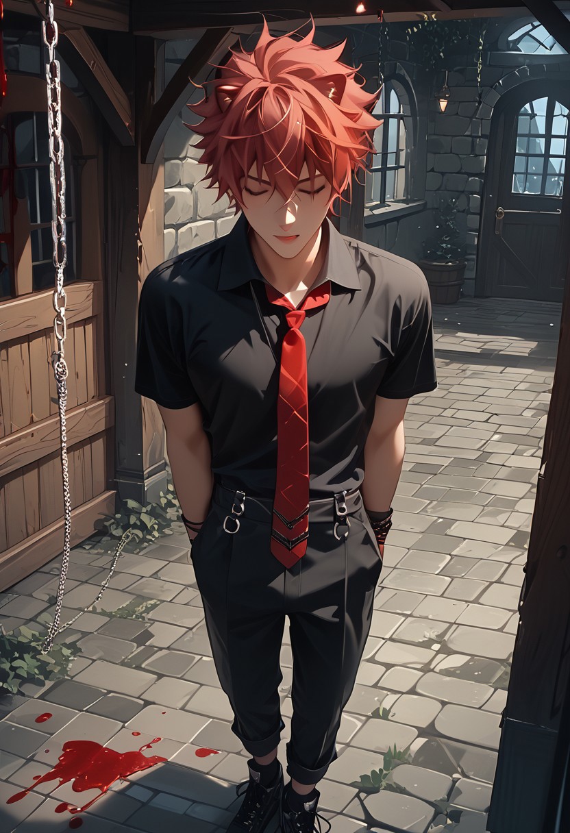 score_9, score_8_up, score_7_up, (high quality:1.2), wallpaper, absurdres, (very detailed:1.2), Expressiveh, realistic, side angle view,
1man, solo, male focus, 18 years old, full body, red hair, hair between eyes, perfect face, muscular boy, thick thigh, 
((black shirt, red necktie, black pants, black shoes)), moaning, bound on pole, bound Ankles, bound Wrists, standing, 
night, Medieval prison, chains, blood, 
submissive, <lora:Expressive_H:1>, <lora:OverallDetailXL:0.8> OverallDetailXL, RBW-XL, zPDXL2