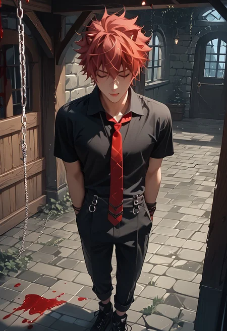 score_9, score_8_up, score_7_up, (high quality:1.2), wallpaper, absurdres, (very detailed:1.2), Expressiveh, realistic, side angle view,
1man, solo, male focus, 18 years old, full body, red hair, hair between eyes, perfect face, muscular boy, thick thigh, 
((black shirt, red necktie, black pants, black shoes)), moaning, bound on pole, bound Ankles, bound Wrists, standing, 
night, Medieval prison, chains, blood, 
submissive, <lora:Expressive_H:1>, <lora:OverallDetailXL:0.8> OverallDetailXL, RBW-XL, zPDXL2