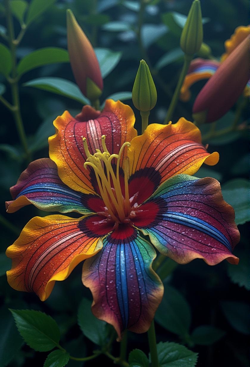 <lora:vintage-activision-flux1-dev-v1-000082.safetensors:1> with a colorful trail streaked with rainbow hues in loose waves and a ponytail. as vibrant colors and dark intensity converge in an unsettling yet captivating spectacle.
A mesmerizing bloom unfurls its intricately detailed petals, drenched in dew and radiating an otherworldly beauty. Delicate stamens pulse with energy at the center, surrounded by blurred foliage that dissolves into a soft-focus haze. The entire image is rendered in precise, godlike craftsmanship, drawing the viewer in with its exquisite detail and hypnotic allure.