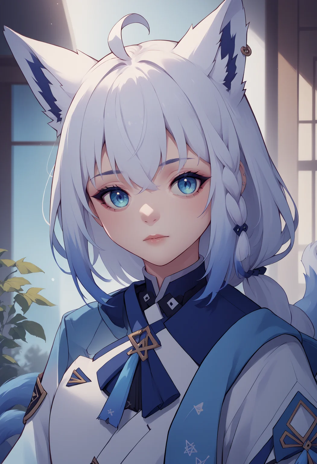 score_9, score_8_up, score_7_up, source_anime, 1girl, blue IncursioDipDyedHair, <lora:DipDyedHairXLPD:1>, upper body,<lora:shirakami_fubuki_sdxl_pony-2:0.8> fubuki, white hair, single side braid, ahoge, piercing, fox tail, pentagram,