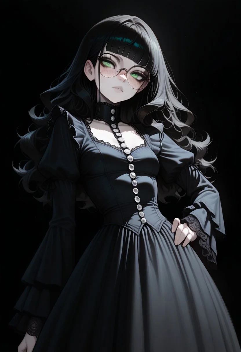 high_quality, highres, detailed, masterpiece, best quality, absurdres,Claudia, ClaudiaRH, long black hair, wavy hair, blunt bangs, green eyes, big squared eyeglasses, small breasts, slim, pale skin, freckles, wearing Jedgthd, gothic dress, black lace , high neck, long ruffled sleeves, silver buttons, black background,, model_pose_one_hand_on_hip,