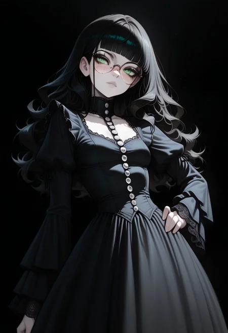 high_quality, highres, detailed, masterpiece, best quality, absurdres,Claudia, ClaudiaRH,  long black hair, wavy hair, blunt bangs, green eyes, big squared eyeglasses, small breasts, slim, pale skin, freckles, wearing Jedgthd, gothic dress, black lace , high neck, long ruffled sleeves, silver buttons, black background,,  model_pose_one_hand_on_hip,