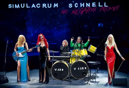 real, realistic, cinematic realism.
a depiction of a stage with five metal playing band members on it.
guitarist blue latex side-slit dress holding her electric guitar,
bassist red latex side-slit dress holding her bass guitar,
keyboardist green latex side-slit dress in the background playing her piano,
vocalist black latex side-slit dress holding a microphone,
drummer yellow latex side-slit playing the drums in the background.
there is stage fog and an audience of people cheering.
above the stays says "SIMULACRUM SCHNELL",
the drum set says "V129" on the front,
at the bottom middle it says "NO NEGATIVE PROMPT" in red letters
