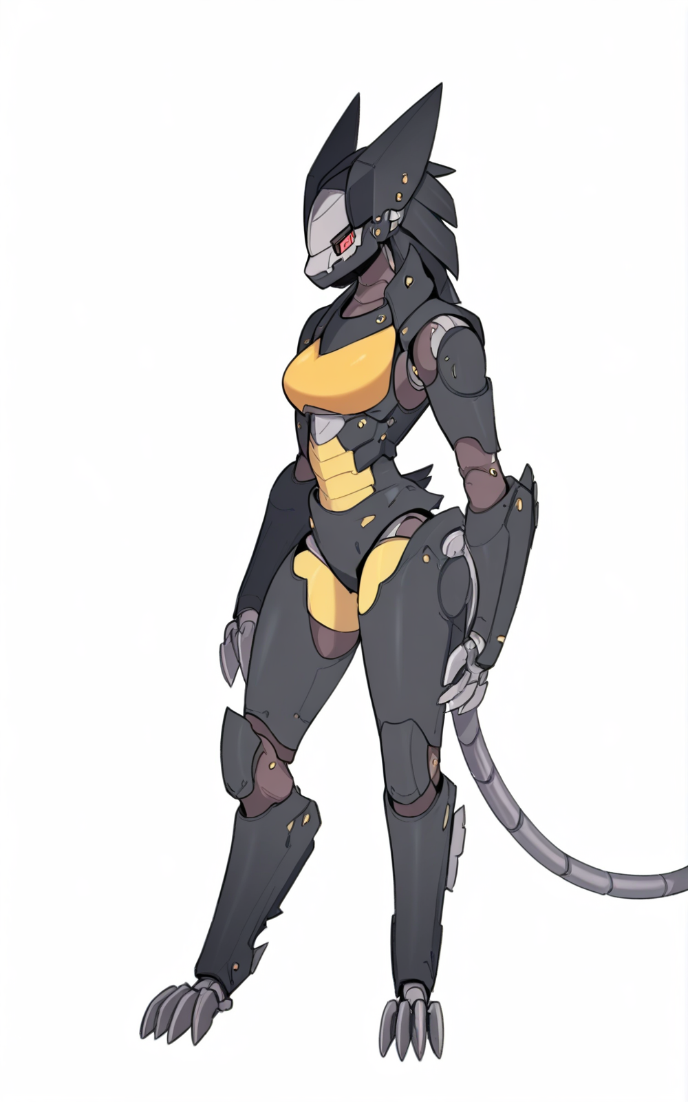 best quality, absurdres,full body, <lora:BolivanteStyleITS:0.5>,  <lora:BWMGSITS:1>, BWMGSITS , non-humanoid robot, red eyes,robot joints, mechanical tail,anthro,claws, white background, yellow skin, multicolored skin,claws, slim, breast,standing, silver skin, robot