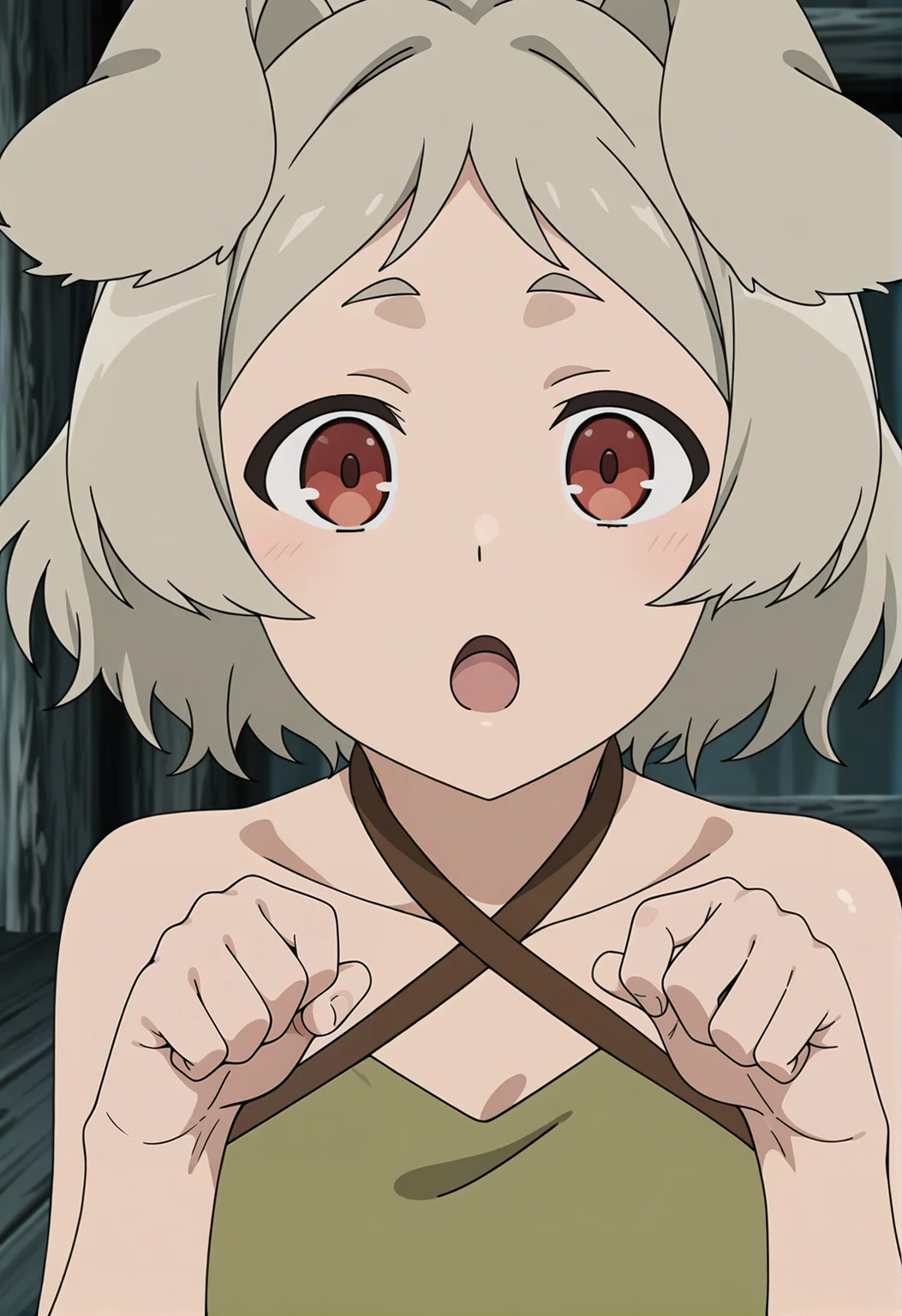<lora:Tersena ADOLDIA_illustrious-000048:1>,
Tersena ADOLDIA,1girl,solo,open mouth,dog ears,upper body,bare shoulders,short eyebrows,looking at viewer,criss-cross halter,breasts,hands up,:o,anime screencap