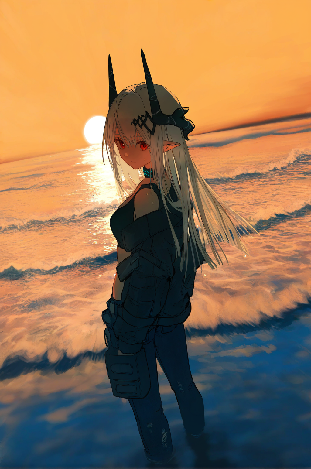 from above,Mudrock_(arknights),1girl,close-up,{[[artist:watersnake]]],[[[artist:Electrophorus]]],[artist_sho (sho lwlw)],artist_ciloranko,{{artist:pottsness}},[[artist:onineko]],{{{{{flat color,lineart}}}}},naga u,sunset,orange sky,warm lighting,shove,standing,ocean waves,sea,tide,sunset,horizon,turbulent waves,dramatic lighting,wet,water reflections,{torn jeans}, {leather jacket}, alluring punk look,
best quality,amazing quality,very aesthetic,absurdres,year 2023,year 2024,
female focus,dynamic angle,depth of field,high contrast,colorful,detailed light,light leaks,beautiful detailed glow,best shadow,shiny skin,ray tracing,detailed light,sunlight,shine on girl's body,cinematic lighting,