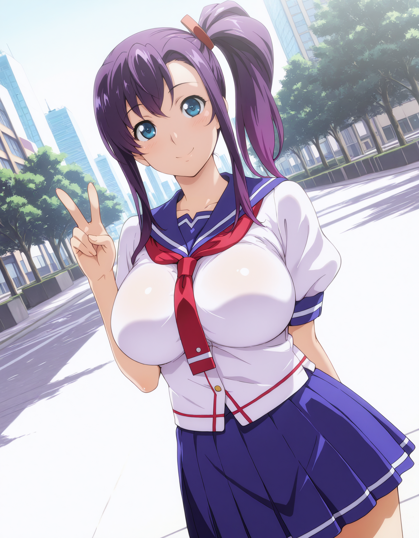<lora:Haruko_Amaya_v01:1> harukoamaya, blue eyes, purple hair, side ponytail, large breasts,
dutch angle, depth of field, HDR, 8K,
masterpiece,best quality,amazing quality, highest score, 1girl, solo, school uniform, serafuku, pleated skirt, v, smile, city, tree,
