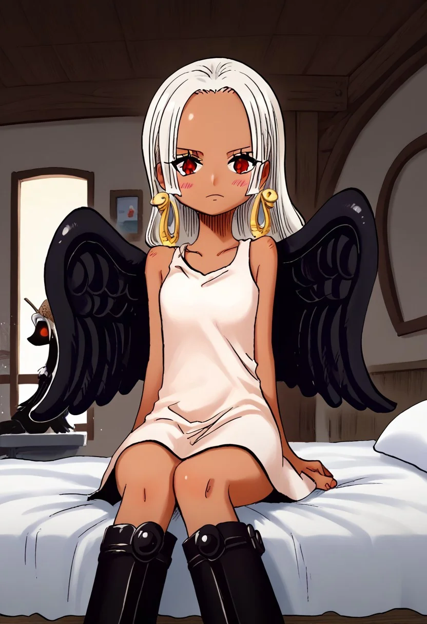score_9, score_8_up, score_7_up, sfw, source_anime, zPDXL, S-Snake, 1girl, dark-skinned female, white hair, long hair, star-shaped black pupils, red eyes, petite body, horny, short stature, earrings, black wings, feathered wings, White dress, sleeveless, black metal boots, sitting on bed, looking at viewer, blush, having straw hat, indoors <lora:S-Snake_XL_Pony:1>